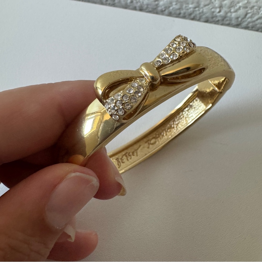 Betsey Johnson Gold Hinged Rhinestone Bow Bangle Bracelet
